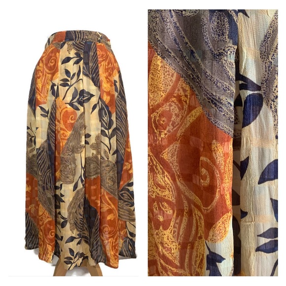Libra Dresses & Skirts - 014 Libra Midi Skirt Pleated Vintage Lined Brown Orange Beige Mix Floral UK 12